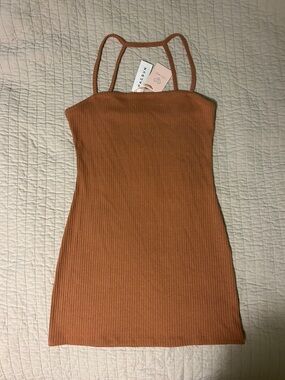 Lottie Moss Pacsun Ribbed Square-Neck Mini Dress in Rust - Small